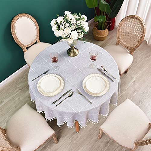 Cotton Linen Round Tablecloth Plaid Heavy Weight Table Cloth Gray for Round Tables Checkered Tassel Table Covers for Kitchen Dining Room Tabletop Decoration, Diameter 70 inch - color: Grey, size: 70" (Round)