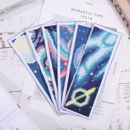 ORIGACH 6 Set Cross Stitch Bookmark Kit for Beginner Starry Sky Pattern DIY Stamped Embroidery Bookmark Kit with 20 Colors Embroidery Floss Instructions 8''x2.4'' - style: Starry Sky