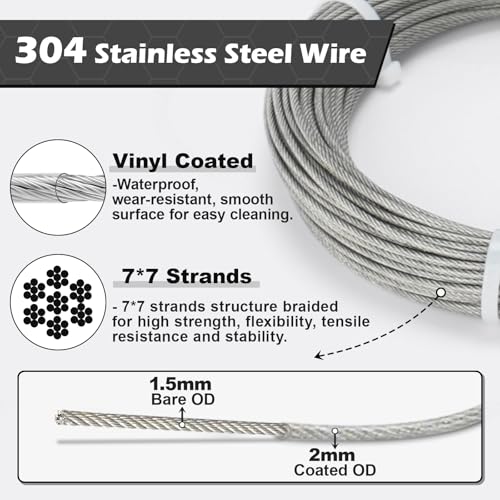 TooTaci Wire Trellis Kit, 50ft 1/16" Vinyl Coated Stainless Steel Wire Rope - style: 15M/2mm Stainless Steel Cable