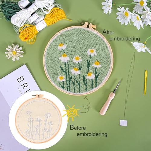 KESTAR Punch Needle Embroidery Starter Kits, Daisy Flower Punch Needle Kits for Adults Beginner, Needle Punch Kit Tool with Instruction Threader Fabric Yarns and Hoop - color: Green Daisy