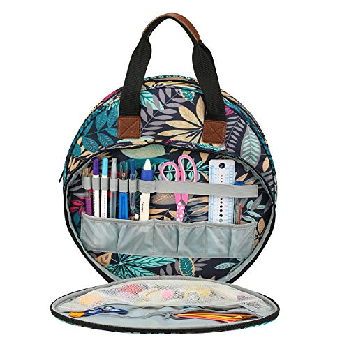 Shinyzone Cross Stitch Storage Bag with Leaf Print, Embroidery Projects Organiser, Sewing Crafts Storage Tote with Zipper Pockets for Embroidery Hoops, Charts and Threads - color: Leaf Print