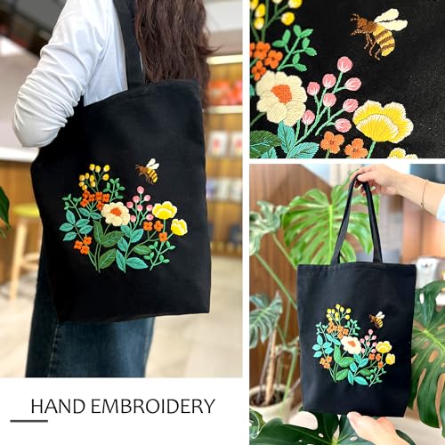 Canvas Tote Bag Embroidery Kit, Beginner Embroidery Kit for Adults, Hand Embroidery Starter kit with Floral Pattern, Arts and DIY Crafts Embroidery Kits , Cross Stitch Kit with Embroidery Bag and Tool - color: Black Yellow