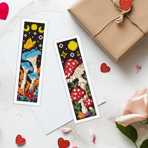 ACRNIGHEET 6PCS Cross Stitch Bookmark Kits Mushroom Pattern Stamped Cross Stitch Kits for Beginners Adults DIY Stamped Embroidery Bookmarks with Instructions Hand Embroidery Craft Gift - style: Mushroom patterns