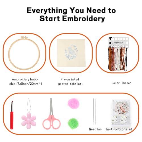 Beginner Owl Embroidery Kit for Adults, Pre-Printed with Video Tutorial - color: Owl