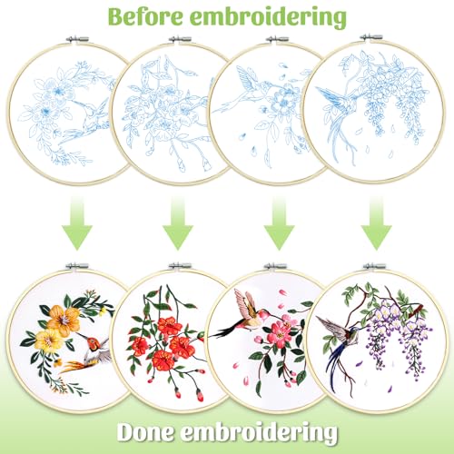 Esoes 4 Pack Embroidery kit for Beginners, Hummingbird and Flower Cross Stitch Kits with Clear Instructions,1 Embroidery Hoops,Stamped Patterns,Colorful Threads & Tools, Gifts for Crafters
