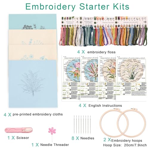 Harimau Adult Beginner Embroidery Starter Kit, Complete Set with 4 Patterns, 2 Hoops, Needles, Scissors, Instruction Guide & Stitching Video Tutorials - color: Floral7 pattern