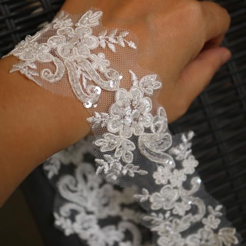 6cm*2yards Ivory White Luxury Beaded Embroidery Flower lace Appliques for Wedding Dresses Rhinestone Applique Patches Embroidery lace parches ropa (Off White Color)… - color: off white color