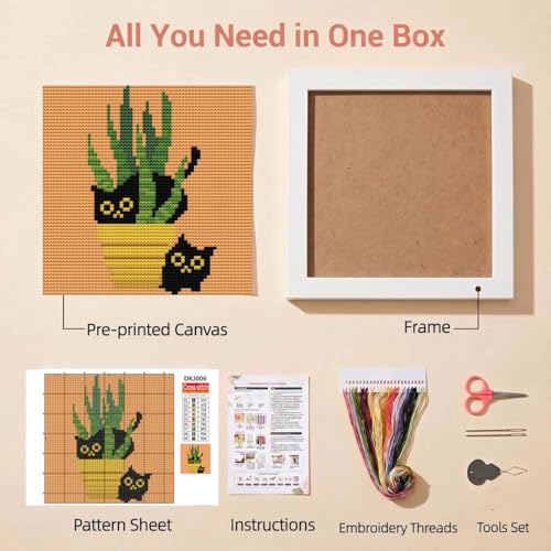 Black Cat Stamped Cross Stitch Kits for Beginners Adults with Framed - color: DKJ006