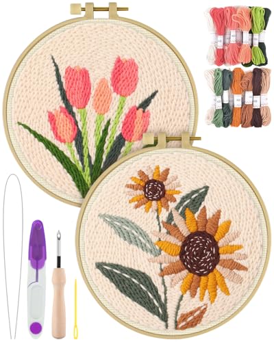 ERKOON Punch Needle Kit Adults Beginners, 2 Pcs DIY Easy Flower Embroidery Set for Starter Art Craft, Needling Punching Project with Patterns, Tools, Yarns, Hoop, Instruction (Sunflowers & Tulips) - color: Sunflowers & Tulips