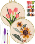 ERKOON Punch Needle Kit Adults Beginners, 2 Pcs DIY Easy Flower Embroidery Set for Starter Art Craft, Needling Punching Project with Patterns, Tools, Yarns, Hoop, Instruction (Sunflowers & Tulips) - color: Sunflowers & Tulips