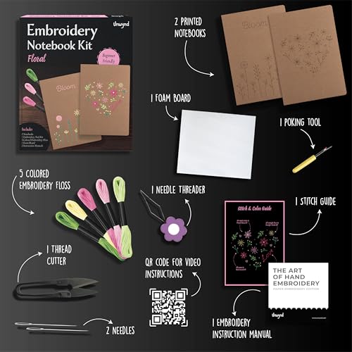 Unwynd Embroidery Kit Floral for Adults and Beginners, Cross stitch Crafts - style: Notebook Embroidery Kit Floral