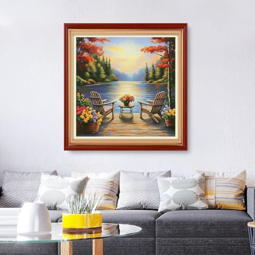 Foxhool Stamped Cross Stitch Kits,11CT Printed Cross Stitch Pattern Full Embroidery Kits for Beginner Needlepoint Kits&Resting Scenery by the Lake 18x18 inch - color: ColorSet03