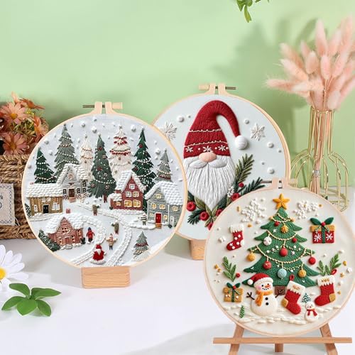 Ohcol 3 Sets Christmas Embroidery Kit,Cross Stitch Kits for Beginners,Needlepoint Kits for Adults with Easy Floral Pattern Hand Crafts,Hoop,Needle - color: Christmas