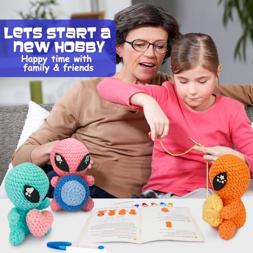 ekaus Crochet Kit for Beginners, Crochet Kit with Step-by-Step Video Tutorials, Crochet DIY Knitting Supplies for Adults, Crochet Aliens(45%+ Yarn) - color: Crochet Aliens