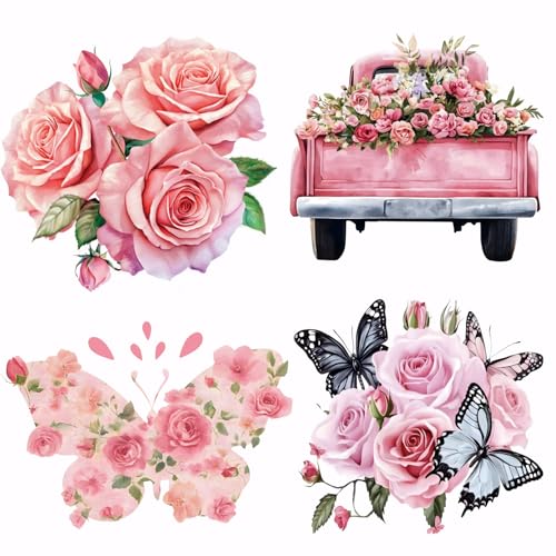 SUPERDANT 4PCS Pink Roses Iron on Transfer Paper Butterfly Flowers Heat Transfer Sticker Valentine's Day Iron on Decals for T Shirts DTF Transfers Ready to Press for Clothing Hoodie Jackets DIY Gift - style: Pink Roses