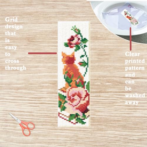 FREEBLOSS 6 Set Cat Cross Stitch Bookmark Kits Rose Pattern Stamped Cross Stitch Kit DIY Embroidery Kit Bookmark Craft Kit with Instructions for Beginners 6x20cm - style: Cats&Flowers