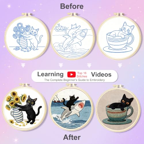 Huacan Embroidery Kit for Adults Beginners with 3 Hoops & Gift Box - color: Cat