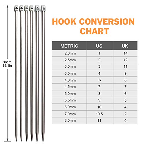 BCMRUN Knitting Needle Set, 22PCS 2mm(B)-8mm(L) Straight Single Pointed Stainless Steel Sweater Needles Set(11Pair-11 Size,9.8 inch) with Locking Stitch Makers Large-Eye Needles Measure Tape (36CM) - size: 36CM