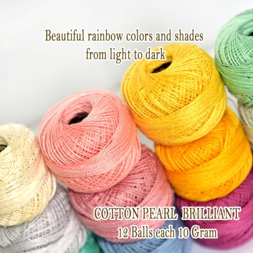 Double Mercerized Egyptian Long Staple Cotton Pearl Thread Ball 10 Grams Rainbow Color 12 Colors per Box for Crochet Hardanger Kniting Hand Sewing,Pink & Fresh GreenPalette - color: Pink Fresh Green Palette