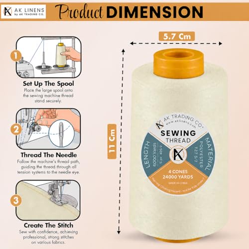 AK Trading CO. 4-Pack Ivory All Purpose Sewing Thread Cones (6000 Yards Each) of High Tensile Polyester Thread Spools for Sewing, Quilting, Serger Machines, Overlock, Merrow & Hand Embroidery - color: IVORY