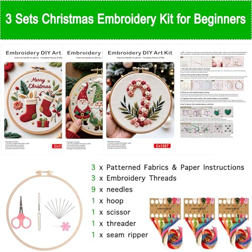 Smart-Feather 3 Sets Holiday Embroidery kit for Beginners, Hand Embroidery Kits for Adults with Hoop, DIY Art Project Craft Kit (Season) - style: season