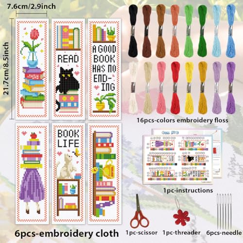 ACRNIGHEET 6PCS Cross Stitch Bookmark Kit for Beginner Bookshelves Stamped Cross Stitch Kits for Adults DIY Embroidery Bookmark Kits Crossstitch Kits Adult with Instructions Hand Craft Gift 11CT - style: Simple books patterns