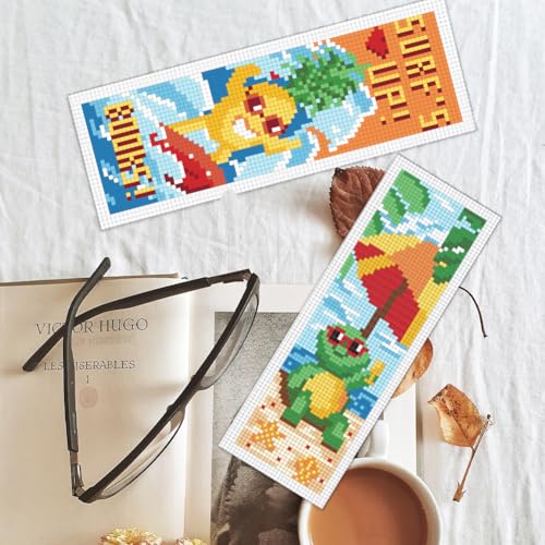 BEUNITONE 6 Pcs Cute Animals Cross Stitch Bookmark Kit for Beginner Adults DIY Beach Stamped Embroidery Bookmark Kits with Instruction for Starters Printed Cross Stitch Kits for Book Lover 8''x2.4'' - style: Fun Seaside