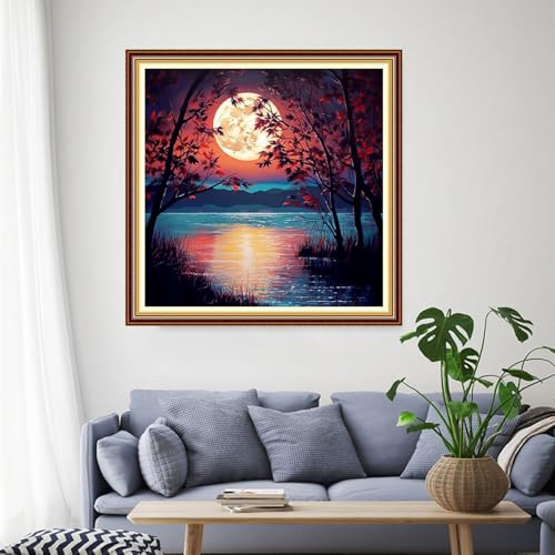 Funchey Stamped Cross Stitch Kits, DIY Cross Stitch Pattern for Adults Beginners Needlepoint Kits Embroidery Kit Arts and Crafts 11CT-Moonlight by the Lake 18x18 inch - color: Handicraft patterns18