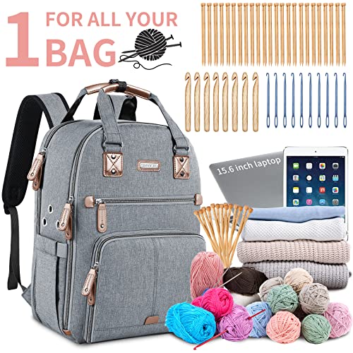 SINVICKO Crochet Bag, Knitting Bag Backpack and Totes Organizer with USB Charging Port, Large Yarn Storage Tote Bag - color: Grey