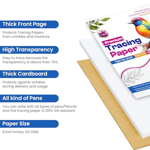 Tracing Paper 8.5x11 in, 50 Sheets, Transparent Sketch Paper 63gsm - size: 8.5" x 11" (50 Sheet)
