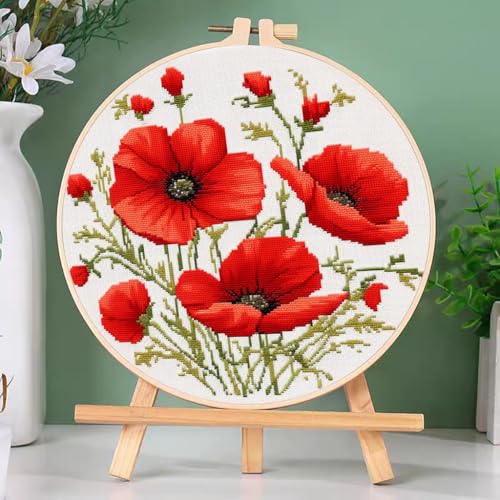 DIY Cross Stitch Kits Red Poppy Flower with Hoop 20x20cm-3