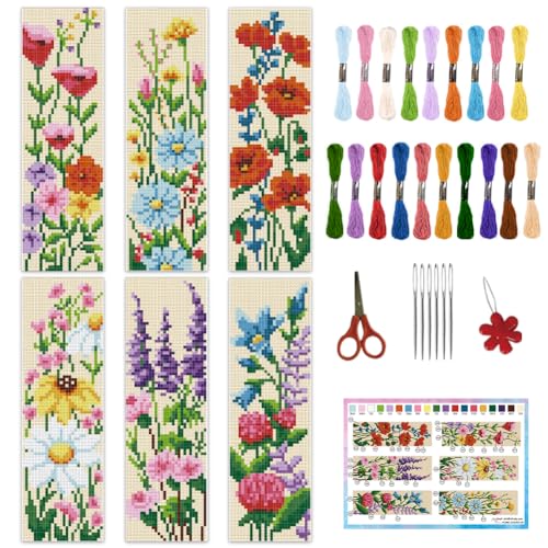INFUNLY 6 PCS Wildflower Cross Stitch Bookmarks Kits Floral Counted Cross Stitch Bookmark Set with Embroidery Thread Needles, DIY Embroidery Bookmark Crafts Supplies for Adults Reading Book Lover Gift - style: Wildflower