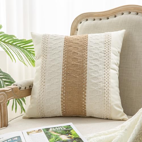 Throw Pillow Covers 16 x 16 Inch 1PC for Farmhouse Living Room, Cotton & Burlap Textured Striped Woven Boho Pillow Covers (Beige & Brown, Single Striped) - color: Single Striped, size: 16" x 16" (Pack of 1)