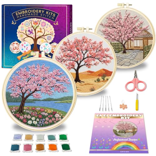 Huacan Embroidery Kit for Adults Beginners with 3 Hoops & Gift Box - color: Cherry Blossoms