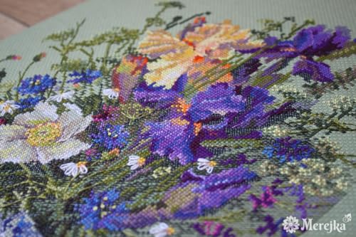 Merejka Irises and Wildflowers Counted Cross Stitch Kit K-249, Floral Still Life on Green Zweigart Aida 14, 38 DMC Mouliné Colors, John James Needle, Finished 9.8 x 13.8 in (25 x 35 cm)