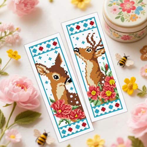 ORIGACH 6 Set Deer & Flower Cross Stitch Bookmark Kit for Beginner - style: Deer & Flower