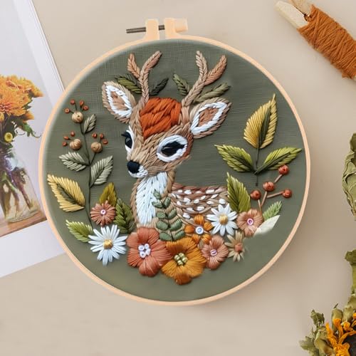 Huacan Embroidery Kits for Adults Beginner DIY Cross Stitch Stamped Christmas Pattern Stitching Deer Sewing Kit 1 Piece 7.8 x 7.8 Inch - color: Christmas Deer