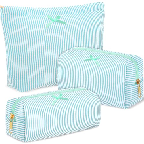 Sanwuta 3 Pcs Seersucker Pouch Cosmetic Bag Set,Mint Green - color: Mint Green