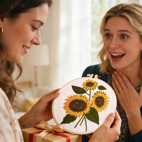Sunflower Embroidery Kits for Beginners Adults, Floral Hand Embroidery Set Needlepoint Kits, Stamped Cross Stitch Kits for Beginners Adults, 2 Embroidery Hoops, Fabric, Thread(Attached Video Tutorial) - color: Yellow, size: 8inch