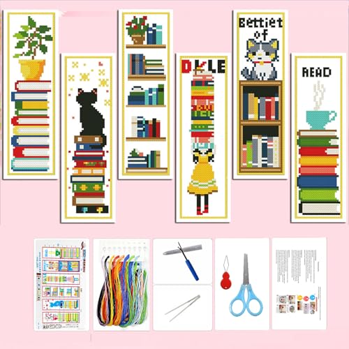 Zhenqing Bookish Cat Stamped Cross Stitch Bookmark Kit, 6 Bookshelf and Reading Designs on 11CT Printed Fabric for Adults and Beginners, Gift for Book and Cat Lovers - color: Cat Bookshelf Bookmarks