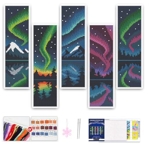 5PCS Cross Stitch Bookmark Kit for Adult Beginners Aurora Borealis DIY Cross Stitch Kits Adult Stamped Bookmark,14CT Embroidery Kit with Instructions,Ornaments for Gifts