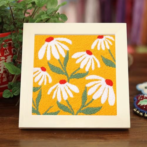 Allazone Punch Needle Starter Kit - Square Frame with Flower Pattern, Hoop, Yarns, Punch Needle (Orange and White) - color: Orange and White