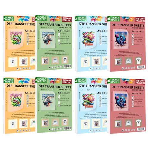 DTF Transfer Film Sheets A4 (8.3 x 11.7 inch) | Full Set (Pack of 8) | Hot & Cold Instant Peeling | Double Matte Anti-Static | Heat Press Paper | ET8550 L1800 XP15000 XP600 R1390 I3200 TX800 - size: Premium&Premium+ 50/100 Sheets - 8Pack