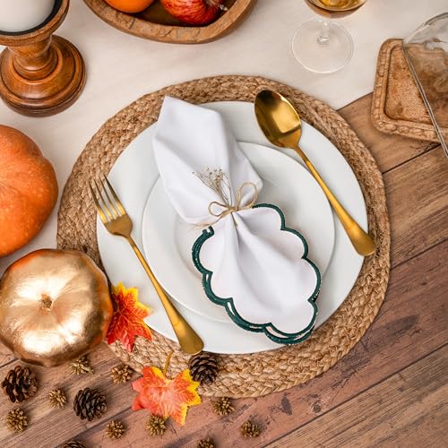 Blue Needles Cotton Scalloped Embroidery Cloth Napkins 17X17Inch - Set of 4 - color: White(edges - Green)