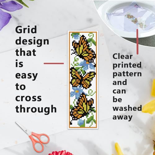 INFUNLY 6PCS Butterflies Cross Stitch Bookmark Kits Insects 8''x2.4'' Bookmark Making Kit Dragonflies DIY Stamped Embroidery Bookmarks for Beginners with Instruction for Book Lovers Reader Writers - style: Butterflies Insect