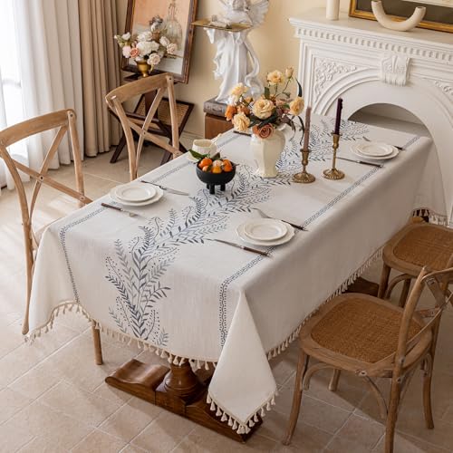 Joyfol Day Rustic Waterproof Linen Tablecloth, Heavy Weight Fern Embroidery Table Cloths for Rectangle Tables, Farmhouse Spill-Proof Table Covers with Tassels, Blue 55''x 70'' - color: Blue Fern, size: 70" x 55" (Rectangular)