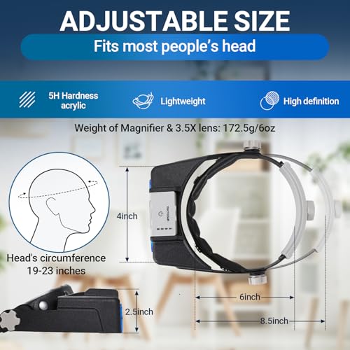 Magnifying Glasses with Light for Close Work, 1.5X-3.5X Headband Magnifier - color: Grey and Black