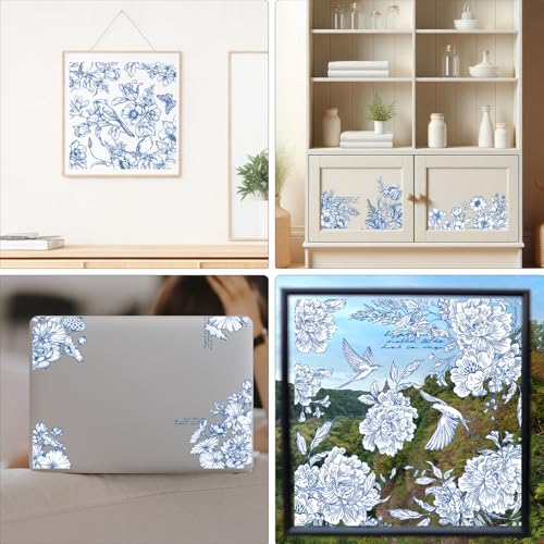 Vintage Floral Rub on Transfer for Crafts, 12 Sheets Blue Retro Chinoiserie Flowers Rub on Transfer for Furniture, Cute Christmas Cold Transfers Stickers for Wood Craft Canvas Farmhouse Decoration - style: Vintage Floral