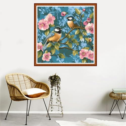 Redxing Counted Cross Stitch Kit for Beginners,Unprinted Needlepoint Kits for Beginners Cross Stitching Embroidery Kit 11CT Stitches kit-Birds Singing Flowers Fragrant 18x18 inch - color: SetColor05