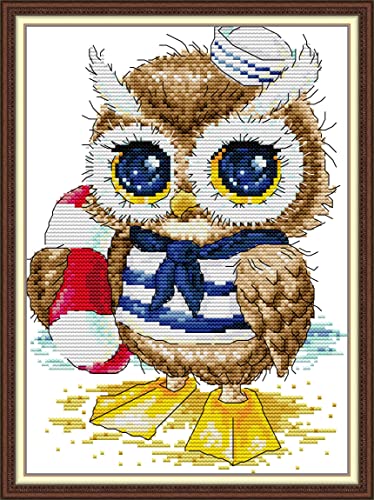 Stitchmelody 14CT Counted Cross Stitch Kits,DMC Unprinted Pattern Embroidery Set Needlework-Learn to Swim Owl 8.2''×11.4'' - color: 14CT Counted/Unprinted Kit,Learn to swim owl 8.2''×11.4''